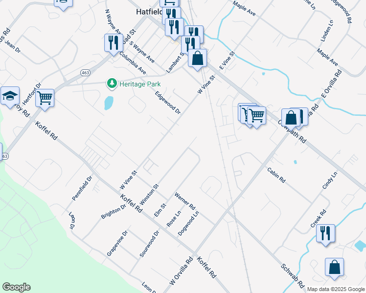 map of restaurants, bars, coffee shops, grocery stores, and more near 876 Winston Street in Hatfield