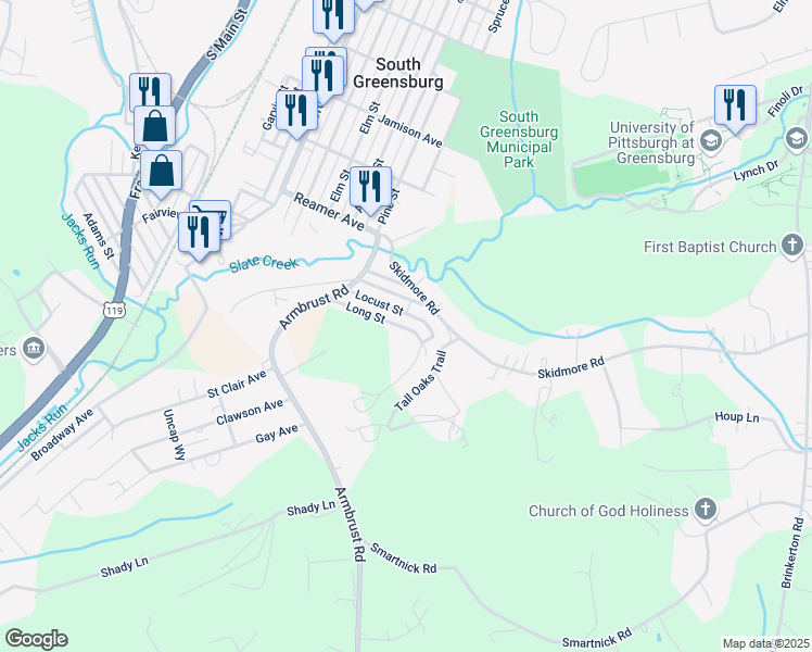 map of restaurants, bars, coffee shops, grocery stores, and more near 2326 Long Street in Greensburg