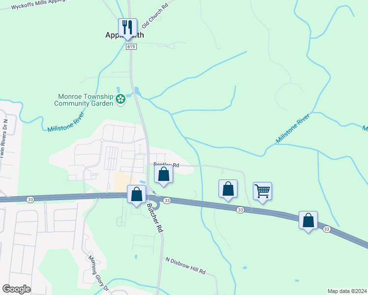 map of restaurants, bars, coffee shops, grocery stores, and more near 41 Bentley Road in Monroe Township