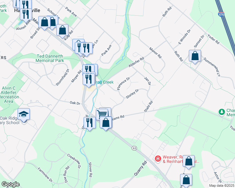 map of restaurants, bars, coffee shops, grocery stores, and more near 291 Florence Drive in Harleysville