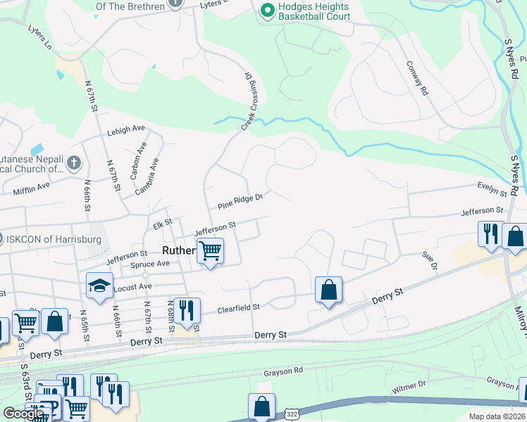 map of restaurants, bars, coffee shops, grocery stores, and more near 7240 Jefferson Street in Harrisburg