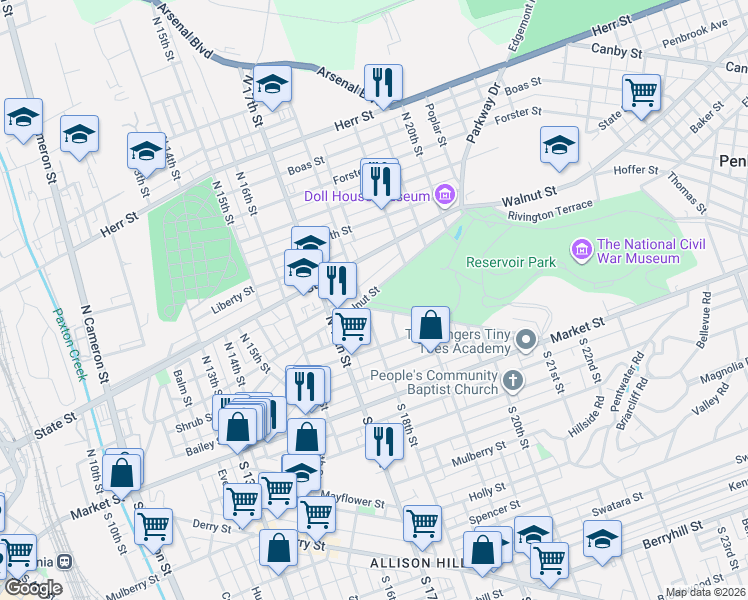 map of restaurants, bars, coffee shops, grocery stores, and more near Walnut Street in Harrisburg