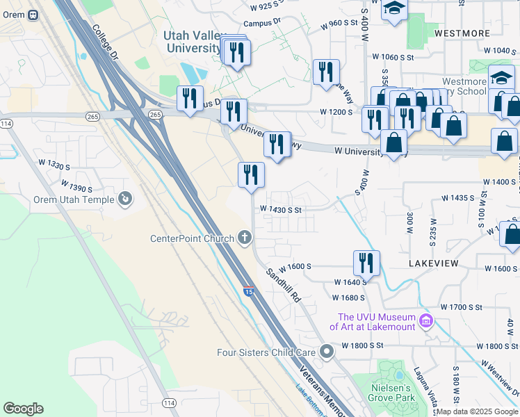 map of restaurants, bars, coffee shops, grocery stores, and more near 667 West 1435 South in Orem
