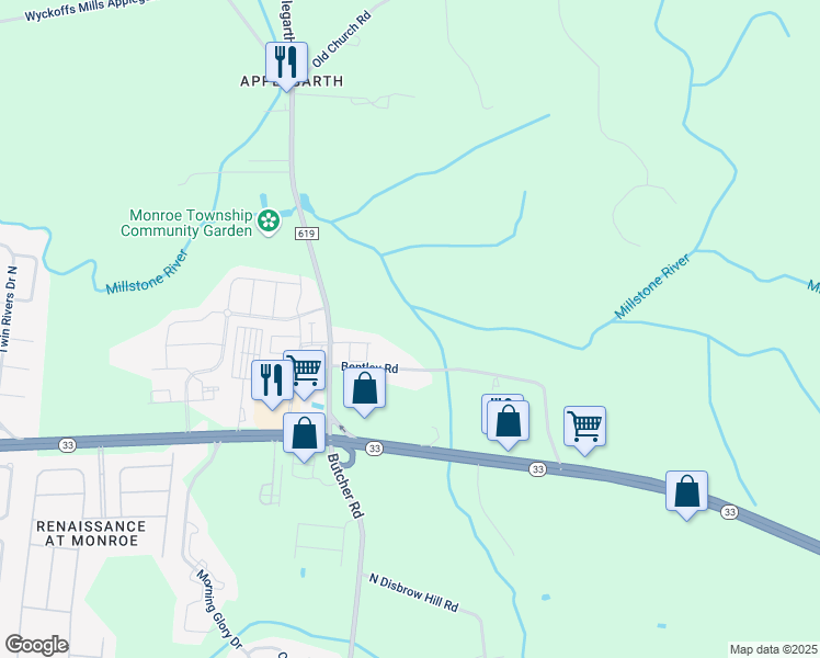 map of restaurants, bars, coffee shops, grocery stores, and more near 105 Matutina Road in Monroe Township