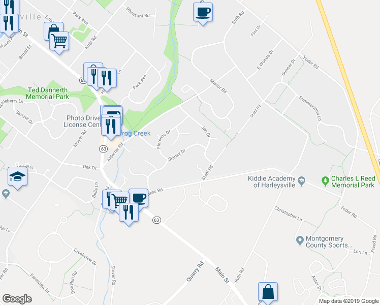 map of restaurants, bars, coffee shops, grocery stores, and more near 260 Shirley Drive in Harleysville