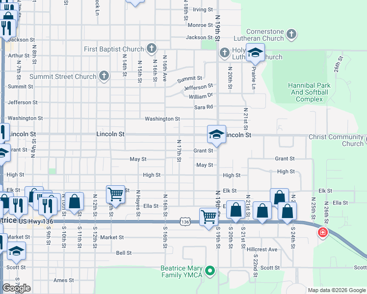 map of restaurants, bars, coffee shops, grocery stores, and more near 1711 Grant Street in Beatrice