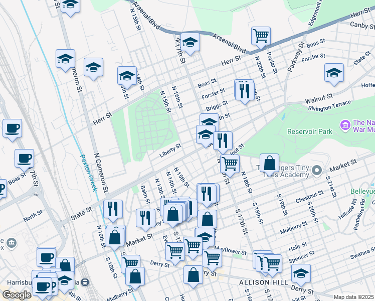 map of restaurants, bars, coffee shops, grocery stores, and more near 1506 State Street in Harrisburg