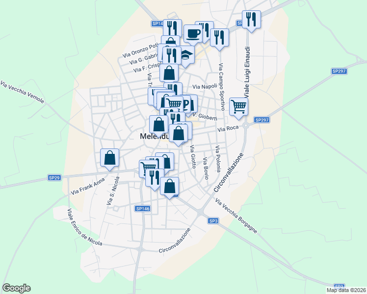 map of restaurants, bars, coffee shops, grocery stores, and more near 16 Via C. Colombo in Melendugno