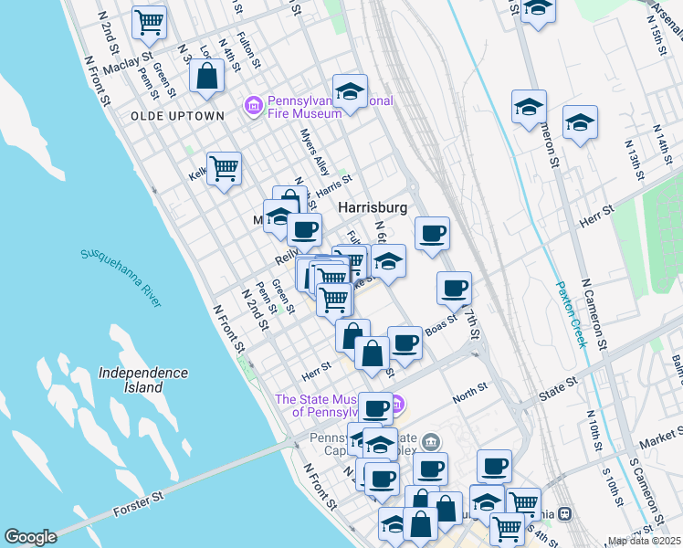 map of restaurants, bars, coffee shops, grocery stores, and more near 1320 North 4th Street in Harrisburg
