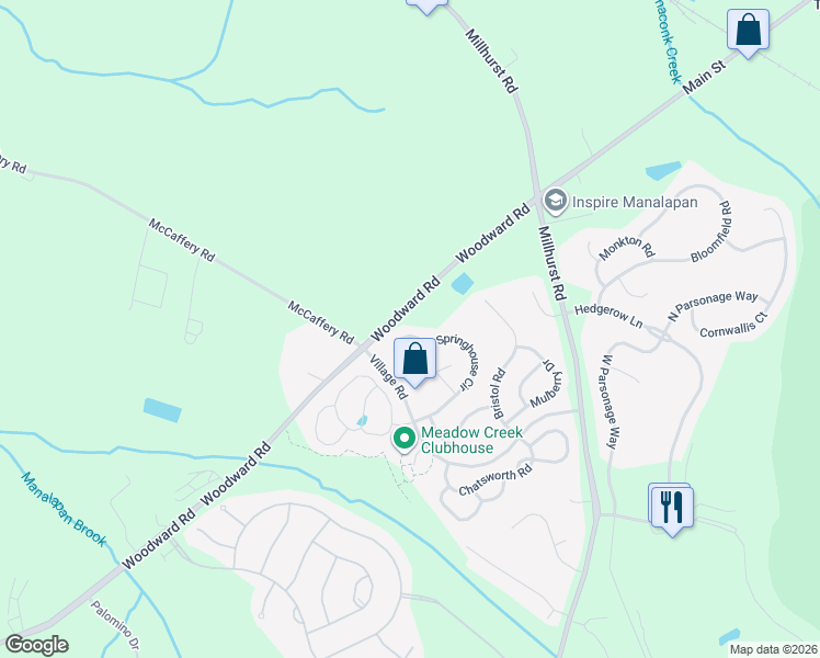 map of restaurants, bars, coffee shops, grocery stores, and more near 17 Avalon Lane in Manalapan Township