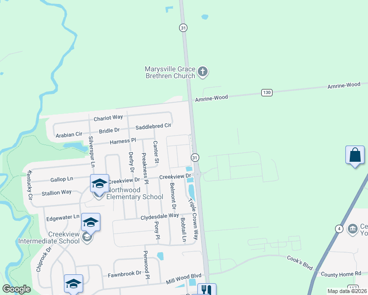 map of restaurants, bars, coffee shops, grocery stores, and more near 2485 McClouds Square in Marysville