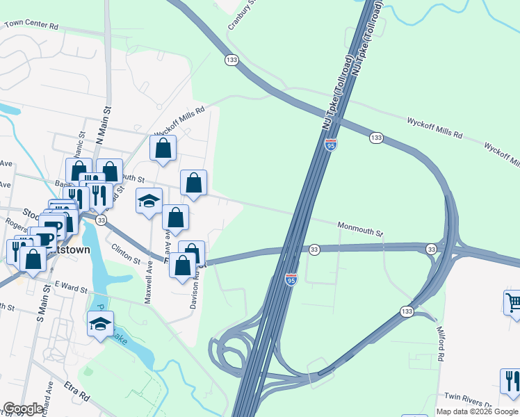 map of restaurants, bars, coffee shops, grocery stores, and more near 344 Monmouth Street in East Windsor