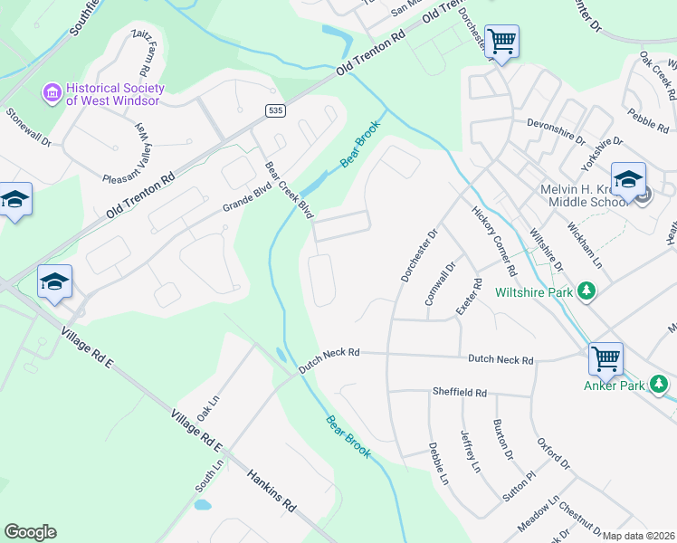 map of restaurants, bars, coffee shops, grocery stores, and more near 115 Tunicflower Lane in West Windsor Township
