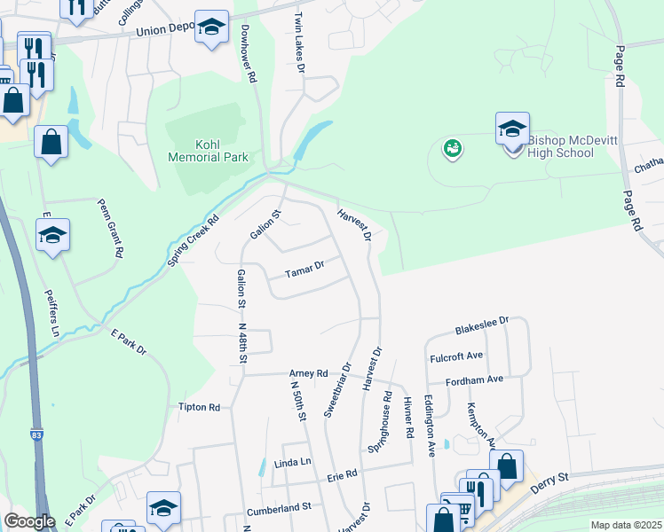 map of restaurants, bars, coffee shops, grocery stores, and more near 4823 Tamar Drive in Harrisburg