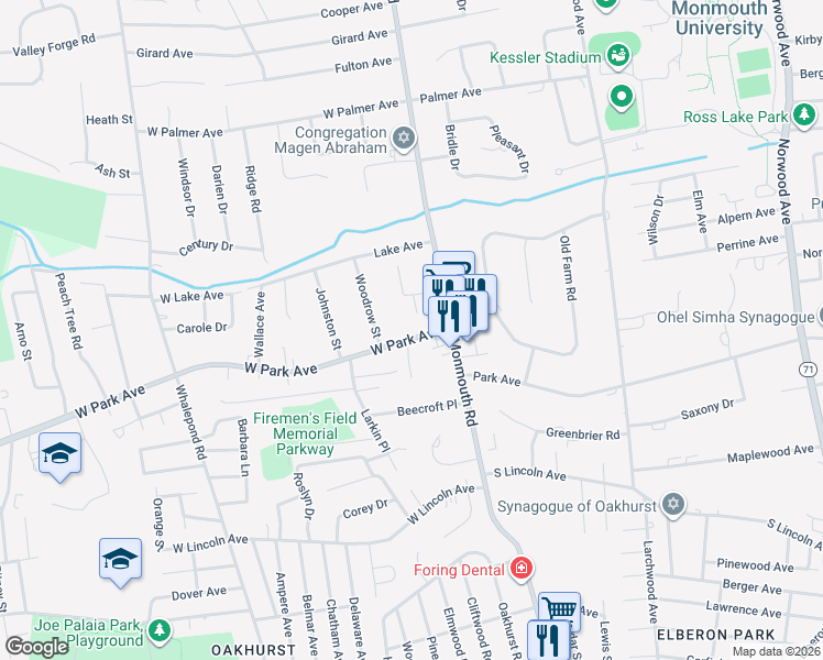 map of restaurants, bars, coffee shops, grocery stores, and more near 372 West Park Avenue in Monmouth County