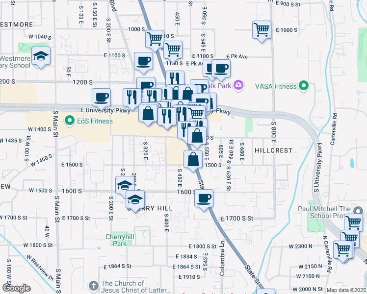 map of restaurants, bars, coffee shops, grocery stores, and more near 1448 State Street in Orem
