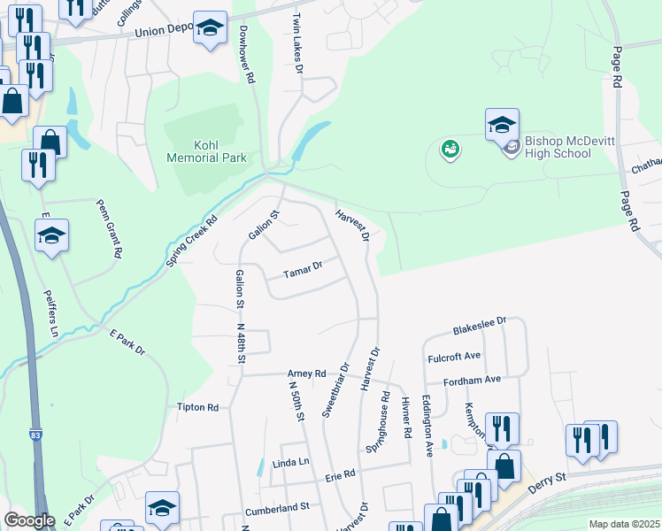 map of restaurants, bars, coffee shops, grocery stores, and more near 4823 Tamar Drive in Harrisburg