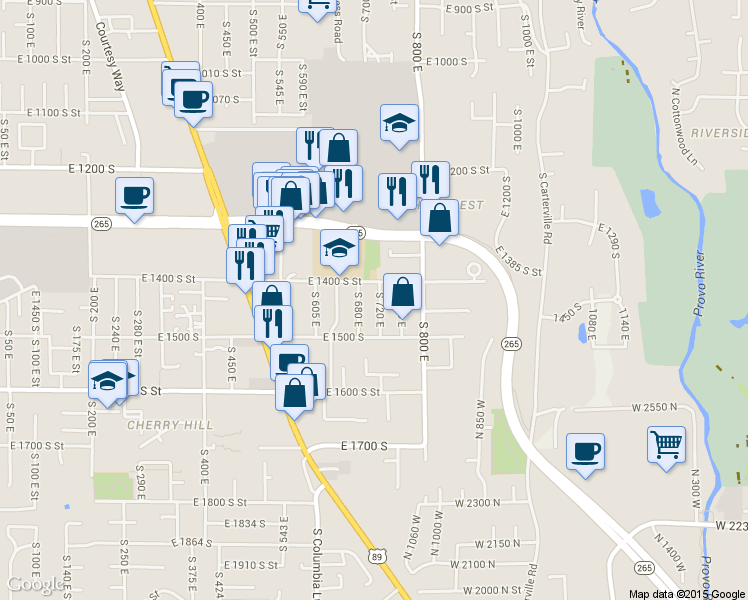 map of restaurants, bars, coffee shops, grocery stores, and more near 1434 South 720 East in Orem