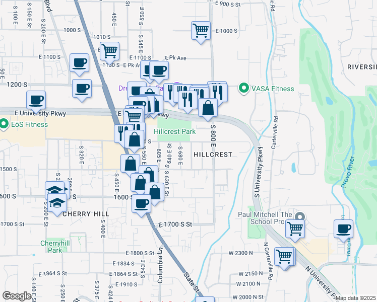 map of restaurants, bars, coffee shops, grocery stores, and more near 1434 South 720 East in Orem