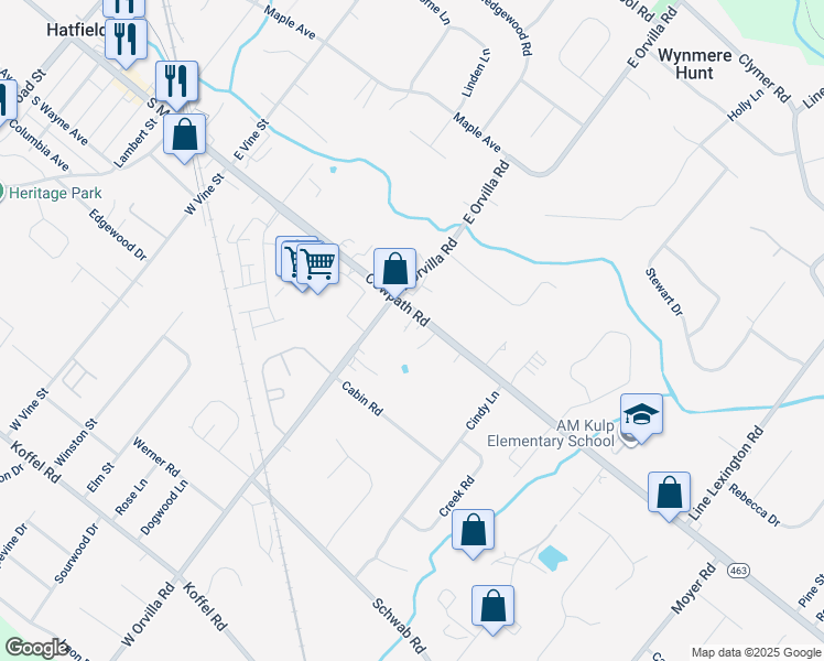 map of restaurants, bars, coffee shops, grocery stores, and more near 1340 Cowpath Rd in Hatfield
