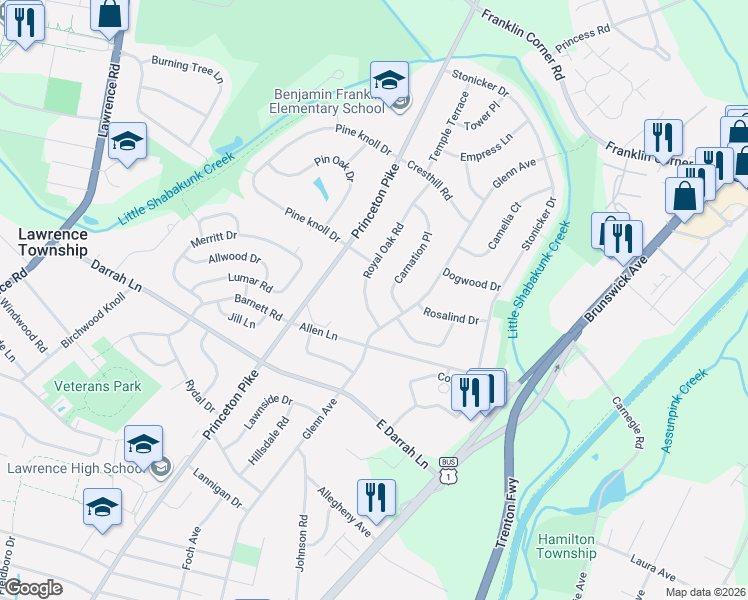 map of restaurants, bars, coffee shops, grocery stores, and more near 3 Royal Oak Road in Lawrence Township
