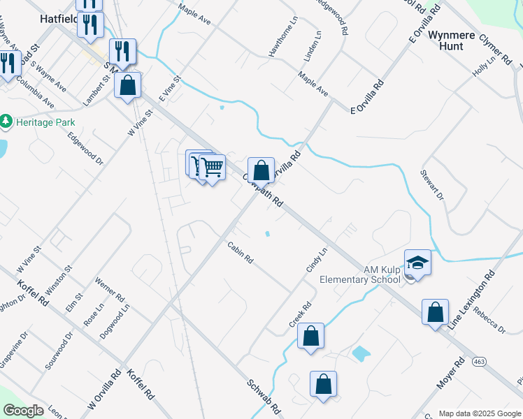 map of restaurants, bars, coffee shops, grocery stores, and more near 1513 West Orvilla Road in Hatfield