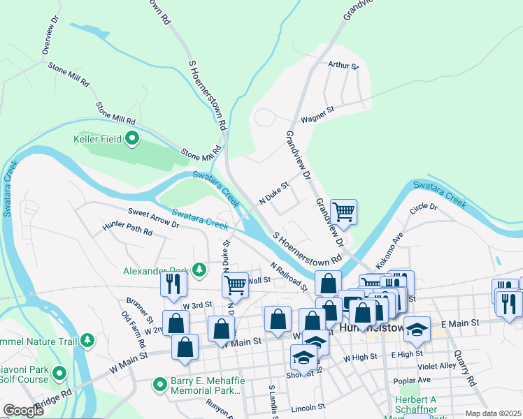 map of restaurants, bars, coffee shops, grocery stores, and more near 393-399 N Duke St in Hummelstown