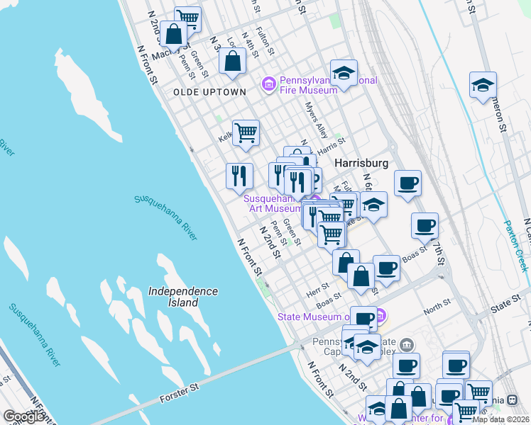 map of restaurants, bars, coffee shops, grocery stores, and more near 1500 North 2nd Street in Harrisburg
