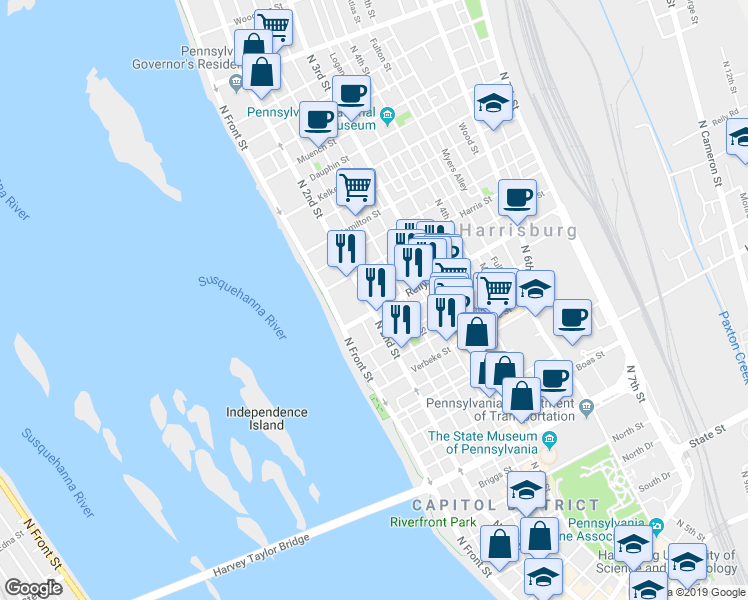 map of restaurants, bars, coffee shops, grocery stores, and more near 1500 North 2nd Street in Harrisburg