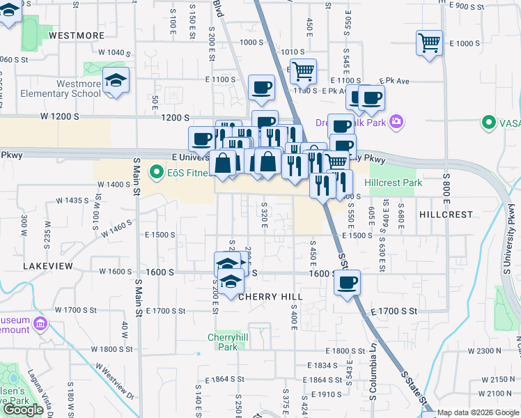 map of restaurants, bars, coffee shops, grocery stores, and more near 1457 320 East in Orem