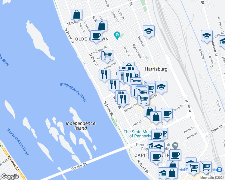 map of restaurants, bars, coffee shops, grocery stores, and more near 1507 North 2nd Street in Harrisburg