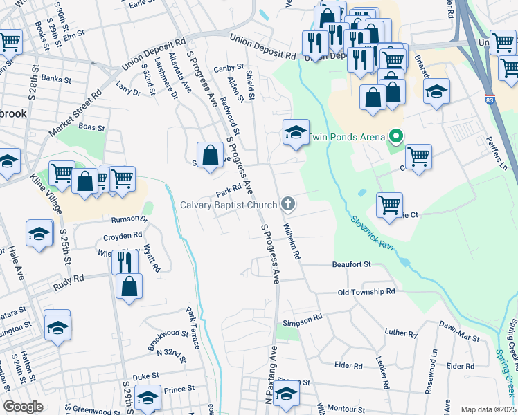 map of restaurants, bars, coffee shops, grocery stores, and more near 916 South Progress Avenue in Harrisburg