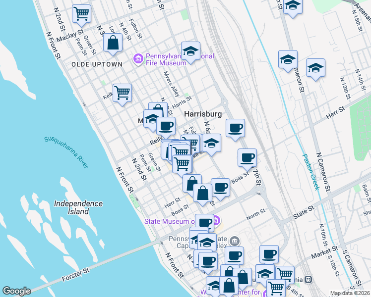 map of restaurants, bars, coffee shops, grocery stores, and more near 1316 William Street in Harrisburg