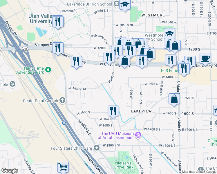 map of restaurants, bars, coffee shops, grocery stores, and more near 1472 South 430 West in Orem