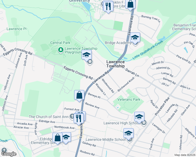 map of restaurants, bars, coffee shops, grocery stores, and more near 1610 Lawrenceville Road in Lawrence Township