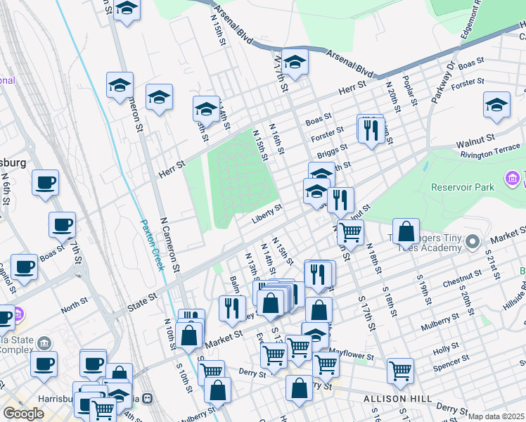 map of restaurants, bars, coffee shops, grocery stores, and more near 1400 Liberty Street in Harrisburg