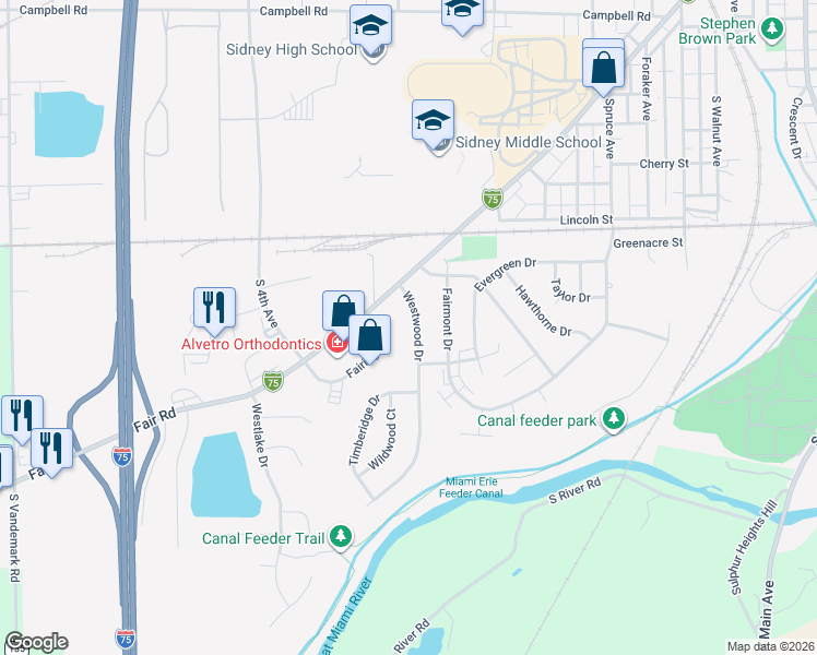 map of restaurants, bars, coffee shops, grocery stores, and more near 1515-1519 Westwood Dr in Sidney