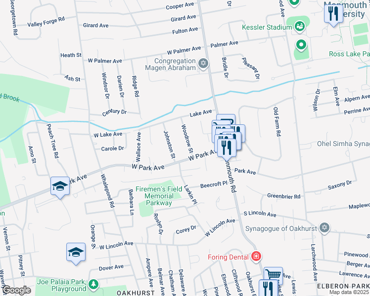map of restaurants, bars, coffee shops, grocery stores, and more near 32 Woodrow Street in Ocean Township