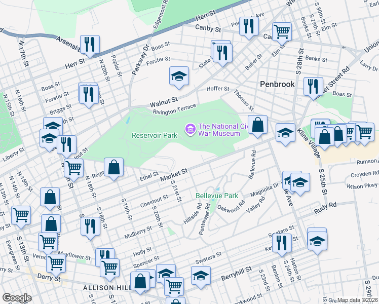 map of restaurants, bars, coffee shops, grocery stores, and more near 2200 Market Street in Harrisburg