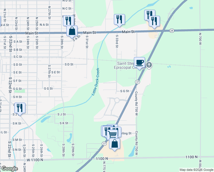 map of restaurants, bars, coffee shops, grocery stores, and more near 3207 Pebble Brook Drive in Elwood