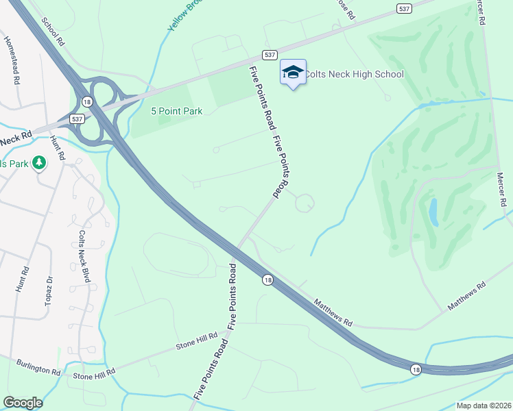 map of restaurants, bars, coffee shops, grocery stores, and more near 105 Five Points Road in Monmouth County