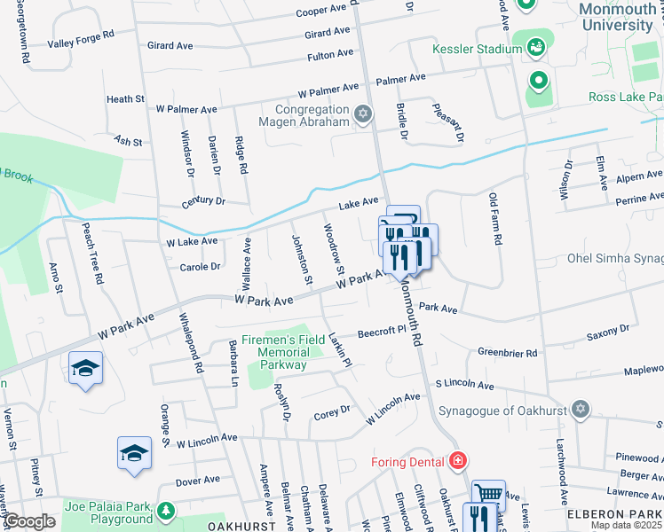 map of restaurants, bars, coffee shops, grocery stores, and more near 32 Woodrow Street in Ocean Township