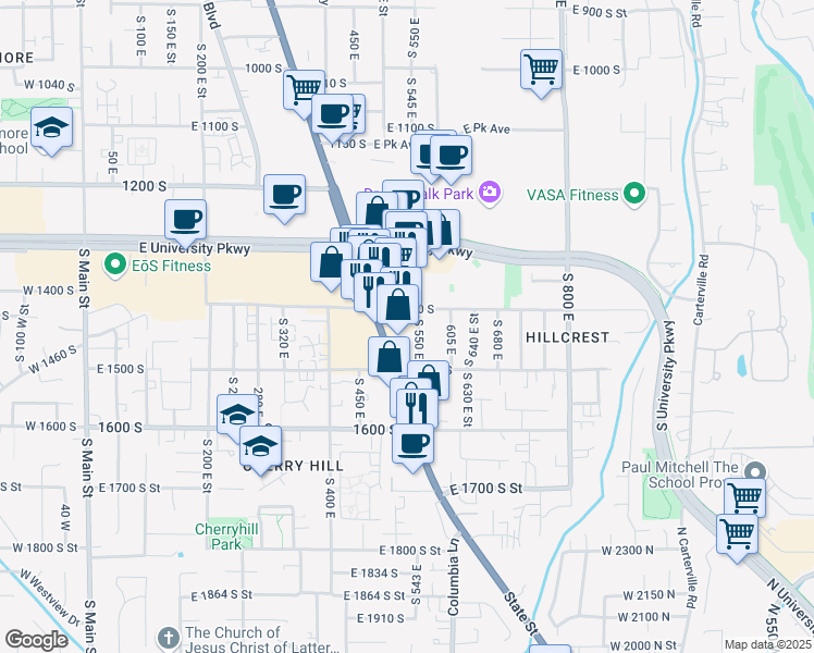 map of restaurants, bars, coffee shops, grocery stores, and more near 1455 South State Street in Orem