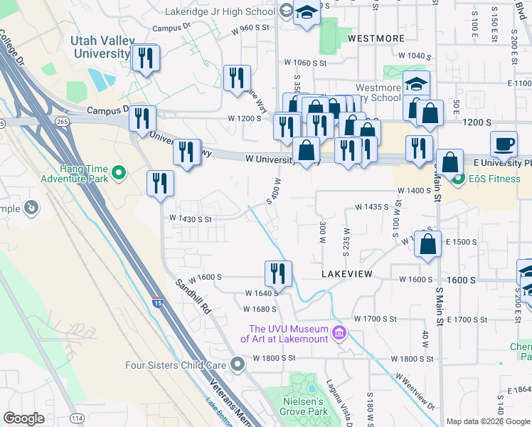 map of restaurants, bars, coffee shops, grocery stores, and more near 1523 South 430 West in Orem