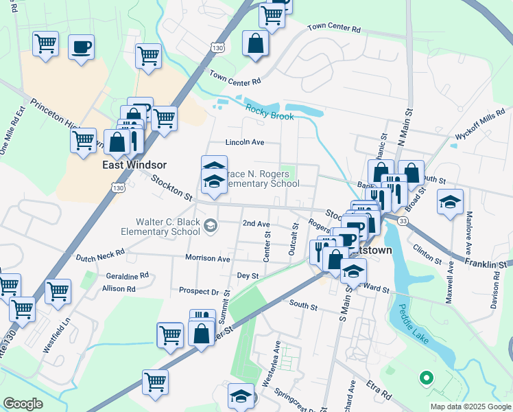 map of restaurants, bars, coffee shops, grocery stores, and more near 156 2nd Avenue in Hightstown