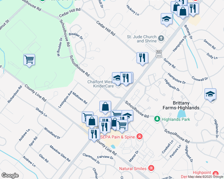 map of restaurants, bars, coffee shops, grocery stores, and more near 201 Hunter Way in Chalfont