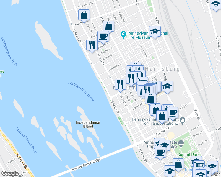 map of restaurants, bars, coffee shops, grocery stores, and more near 1511 North Front Street in Harrisburg