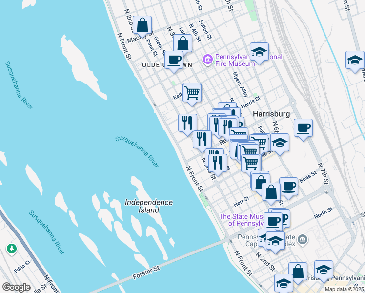map of restaurants, bars, coffee shops, grocery stores, and more near 1511 North Front Street in Harrisburg
