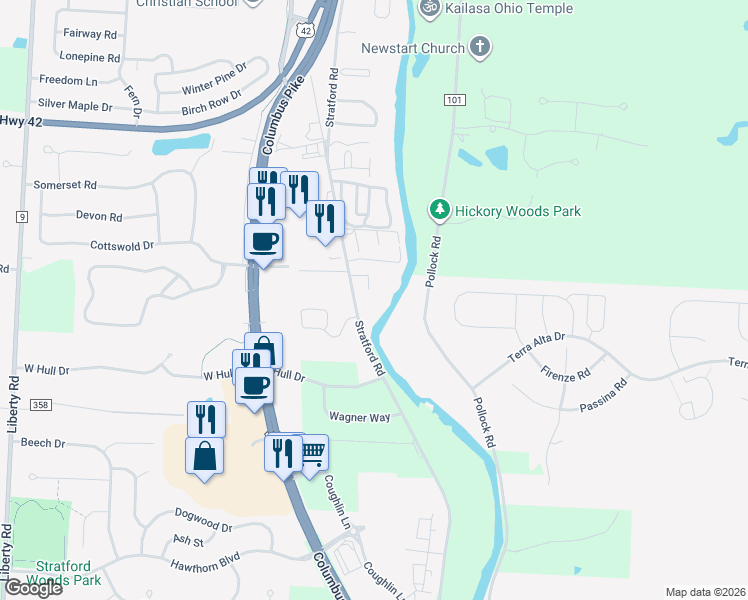 map of restaurants, bars, coffee shops, grocery stores, and more near 1493 Forest Brooke Way in Delaware