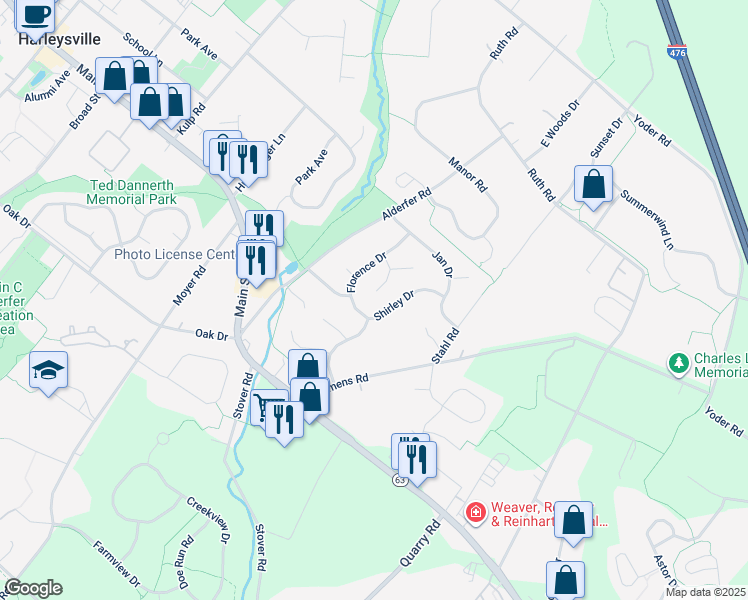 map of restaurants, bars, coffee shops, grocery stores, and more near 280 Danny Lane in Harleysville